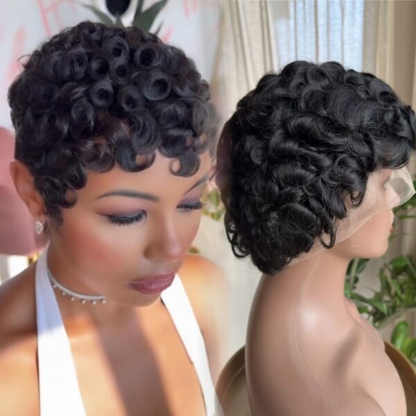 Full Lace Wig Wholesale Short Pixie Brazilian Wigs Natural Color Human Curly Hair Wigs