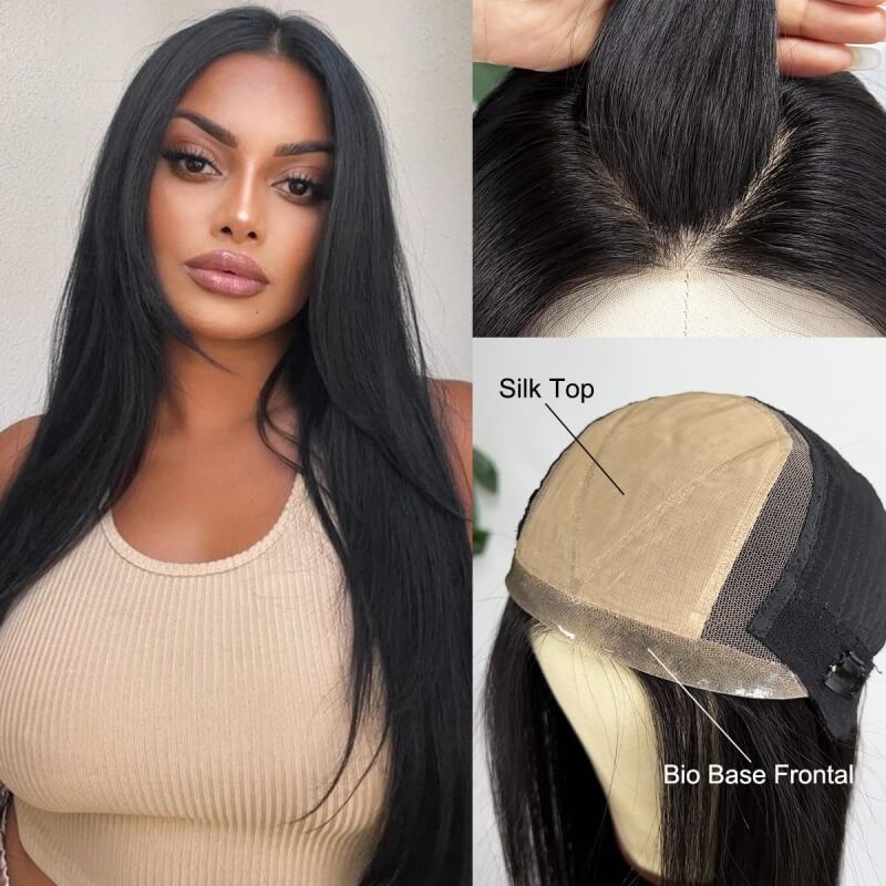 Silk Top Wig with PU Frontal Real Virgin Brazilian Human Hair Wig for Women Natural Scalp Silk