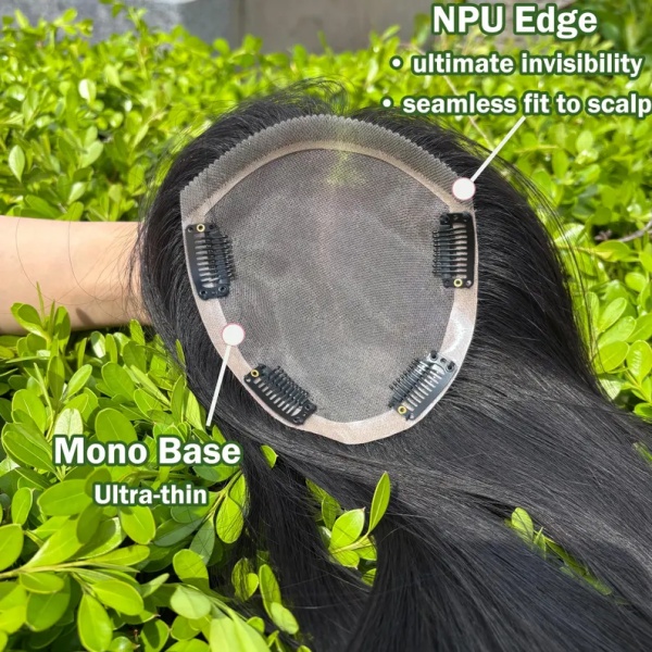 Hand-Tied Mono Base PU Edge Straight Human Hair Topper | 4 Clips Natural Black Pre-cut Hair Piece | Lightly Bleached Knots Hair Loss Coverage for Thinning Hair