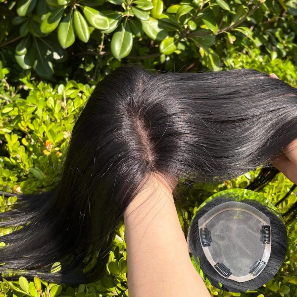 Hand-Tied Mono Base PU Edge Straight Human Hair Topper | 4 Clips Natural Black Pre-cut Hair Piece | Lightly Bleached Knots Hair Loss Coverage for Thinning Hair